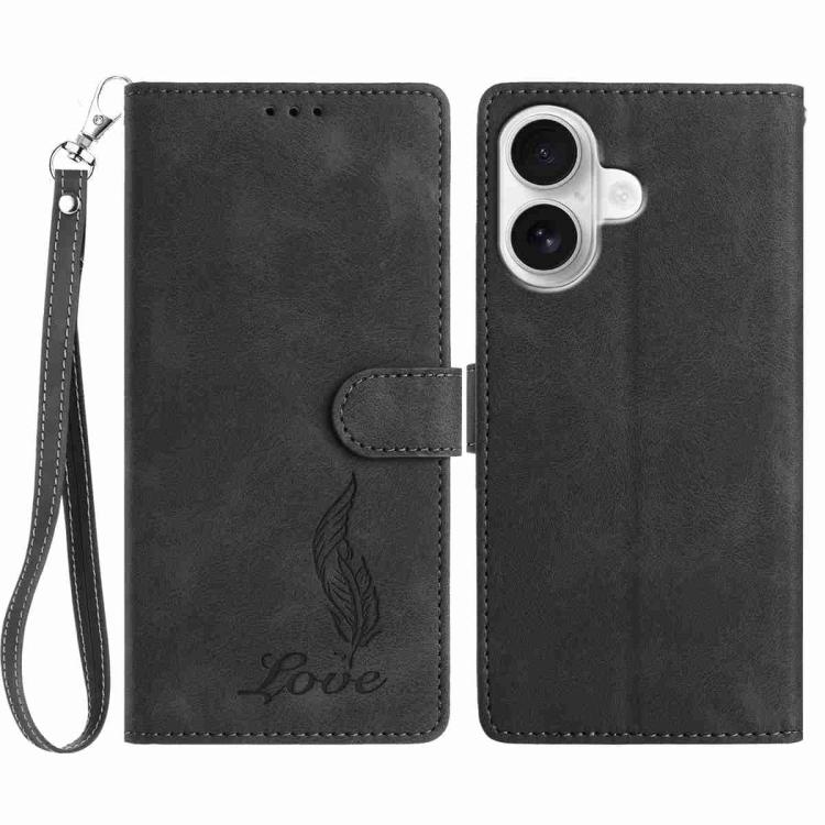 

For iPhone 16 Skin Feel Embossed Feather Leather Phone Case(Black)