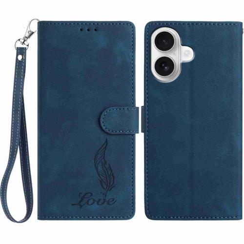 

For iPhone 16 Skin Feel Embossed Feather Leather Phone Case(Dark Blue)