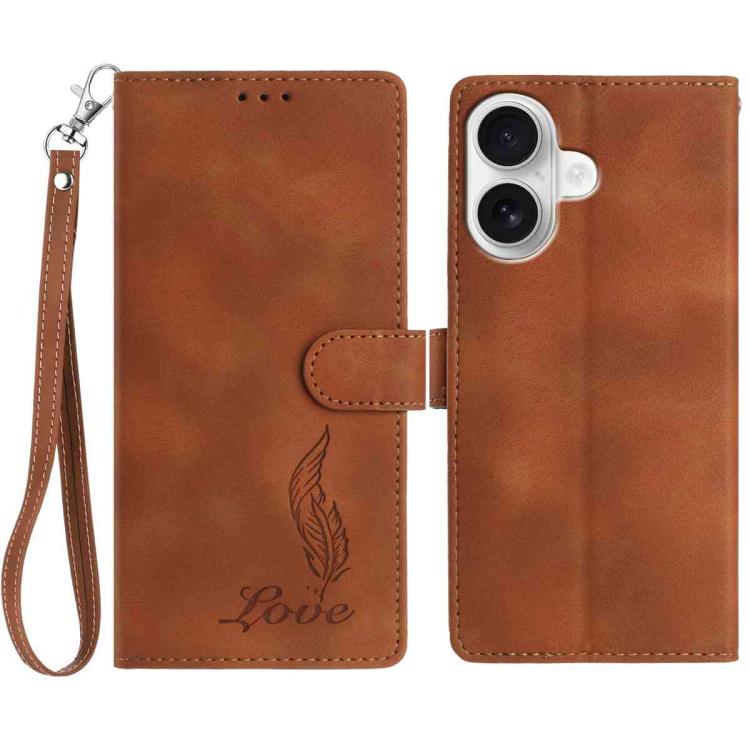

For iPhone 16 Skin Feel Embossed Feather Leather Phone Case(Brown)