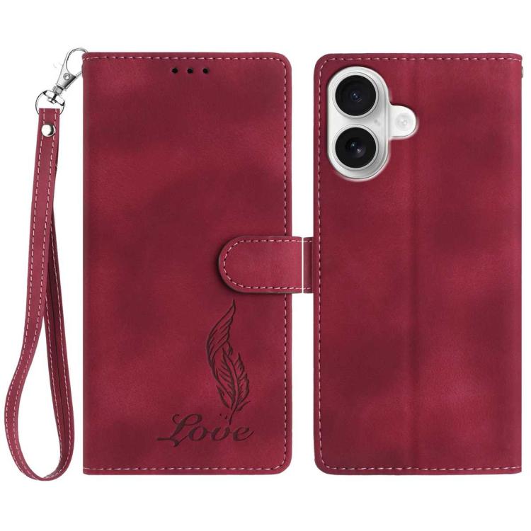 

For iPhone 16 Skin Feel Embossed Feather Leather Phone Case(Red)