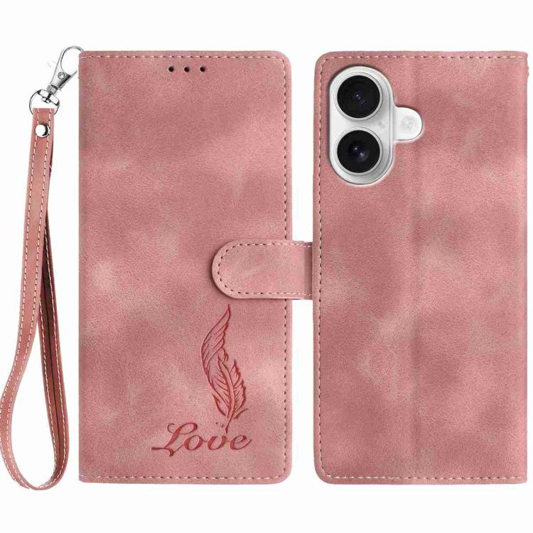 

For iPhone 16 Plus Skin Feel Embossed Feather Leather Phone Case(Pink)