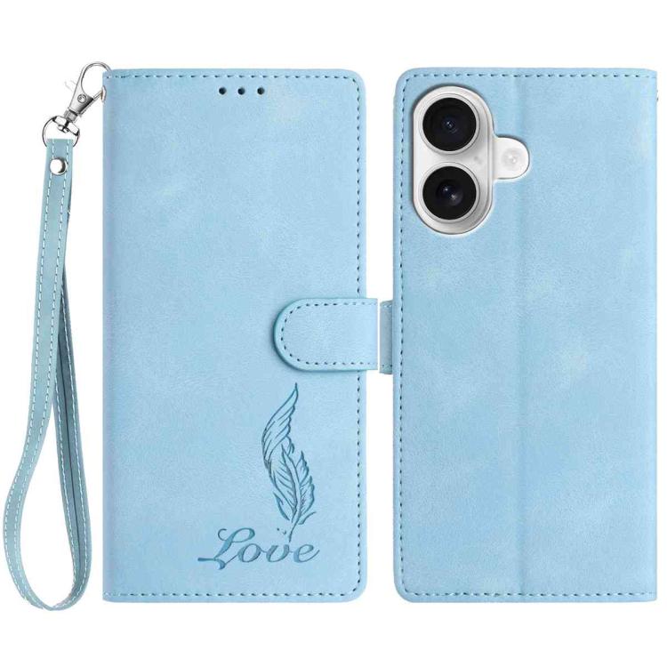 

For iPhone 16 Plus Skin Feel Embossed Feather Leather Phone Case(Light Blue)