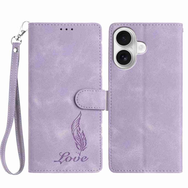 

For iPhone 16 Plus Skin Feel Embossed Feather Leather Phone Case(Purple)
