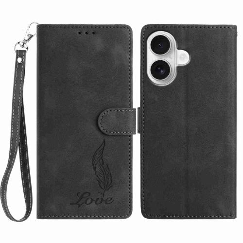 

For iPhone 16 Plus Skin Feel Embossed Feather Leather Phone Case(Black)