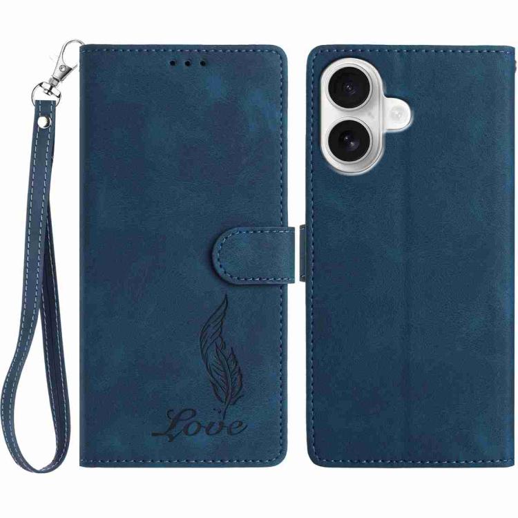 

For iPhone 16 Plus Skin Feel Embossed Feather Leather Phone Case(Dark Blue)