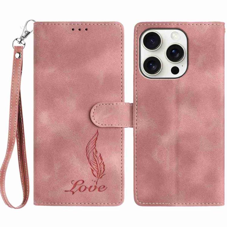 

For iPhone 16 Pro Skin Feel Embossed Feather Leather Phone Case(Pink)