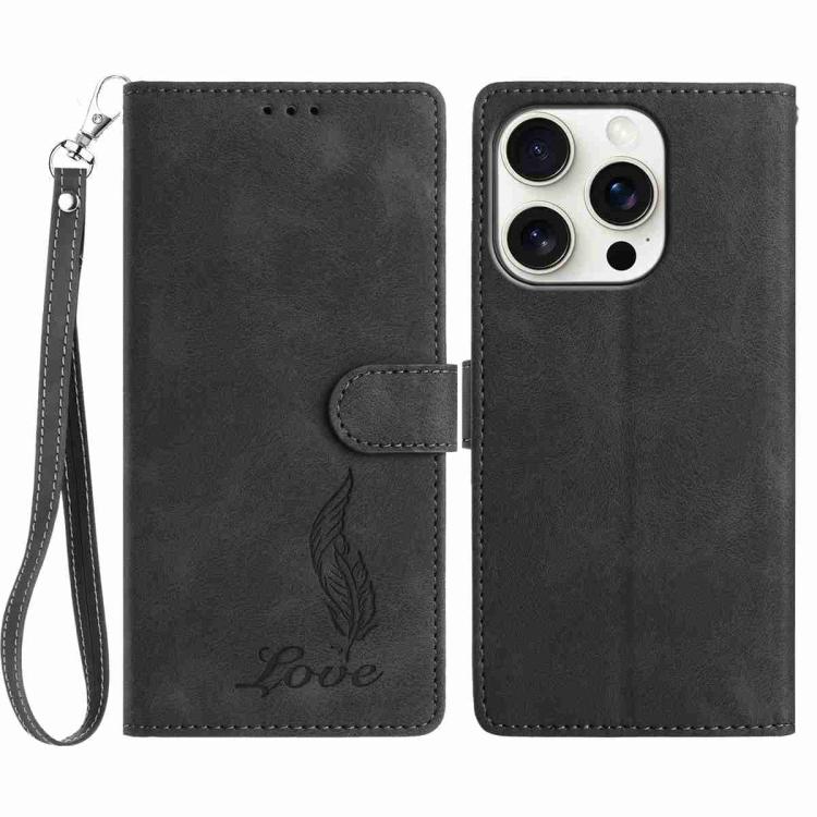 

For iPhone 16 Pro Skin Feel Embossed Feather Leather Phone Case(Black)