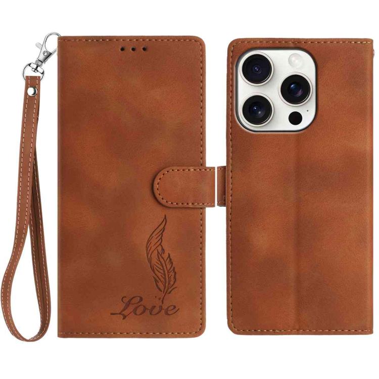 

For iPhone 16 Pro Skin Feel Embossed Feather Leather Phone Case(Brown)