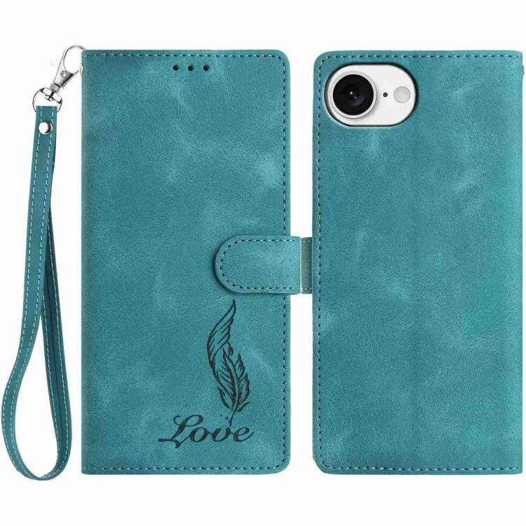 

For iPhone 16e Skin Feel Embossed Feather Leather Phone Case(Green)