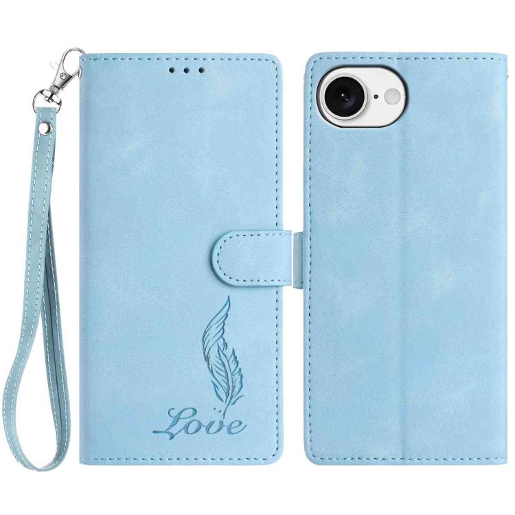 

For iPhone 16e Skin Feel Embossed Feather Leather Phone Case(Light Blue)