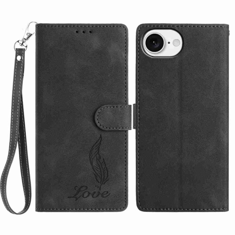 

For iPhone 16e Skin Feel Embossed Feather Leather Phone Case(Black)