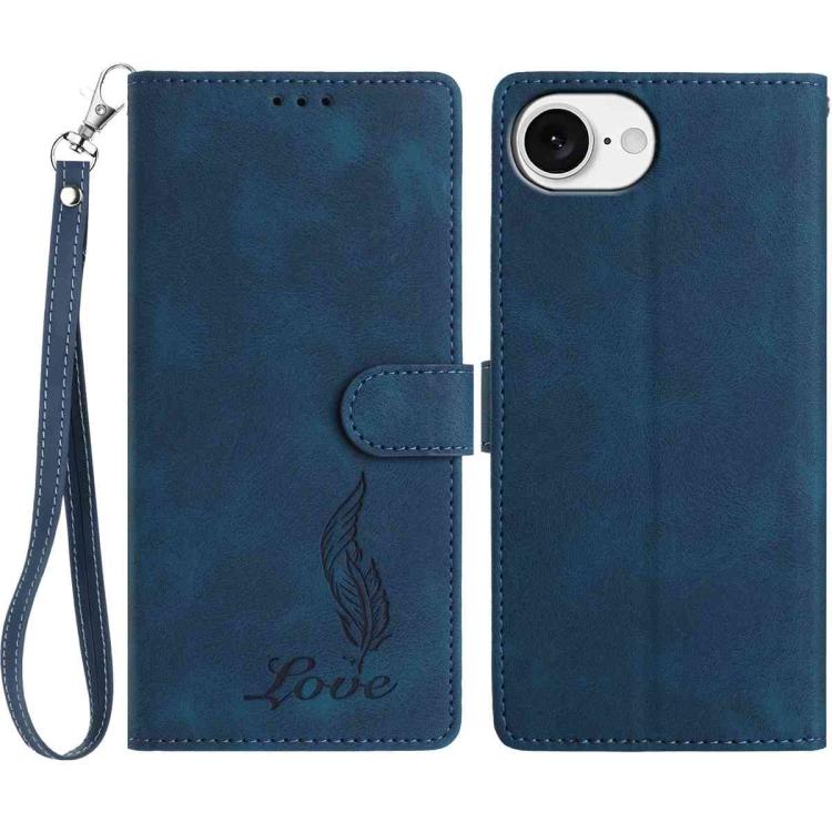 

For iPhone 16e Skin Feel Embossed Feather Leather Phone Case(Dark Blue)
