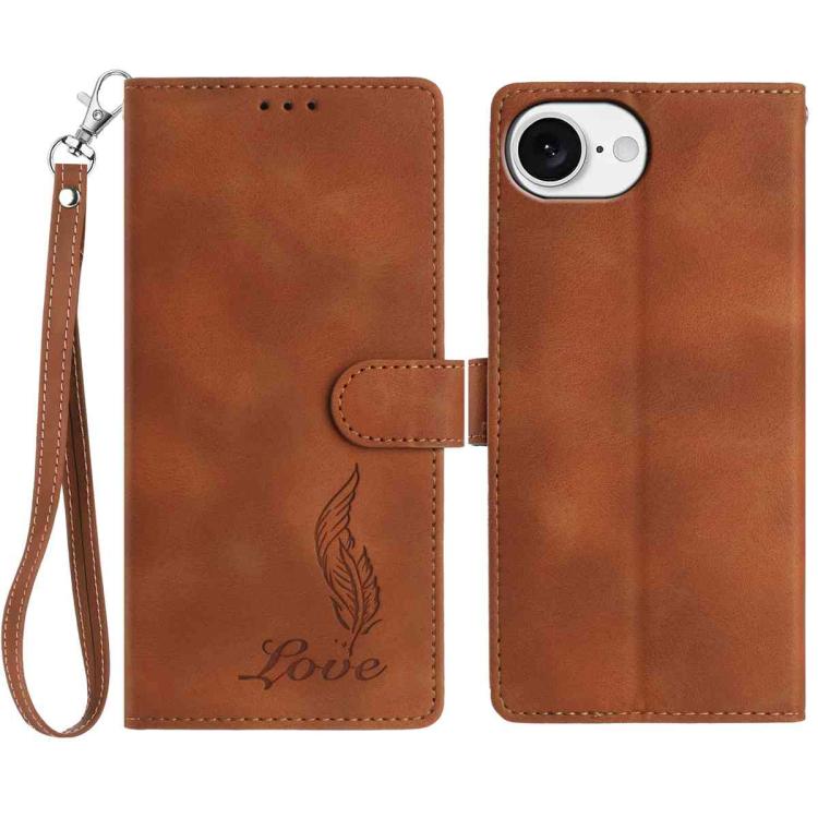 

For iPhone 16e Skin Feel Embossed Feather Leather Phone Case(Brown)