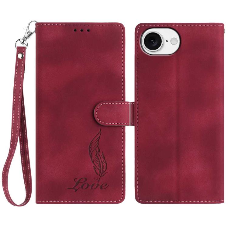 

For iPhone 16e Skin Feel Embossed Feather Leather Phone Case(Red)