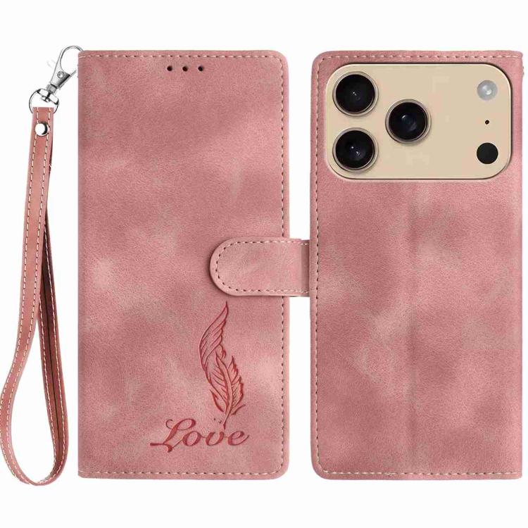 

For iPhone 17 Pro Skin Feel Embossed Feather Leather Phone Case(Pink)