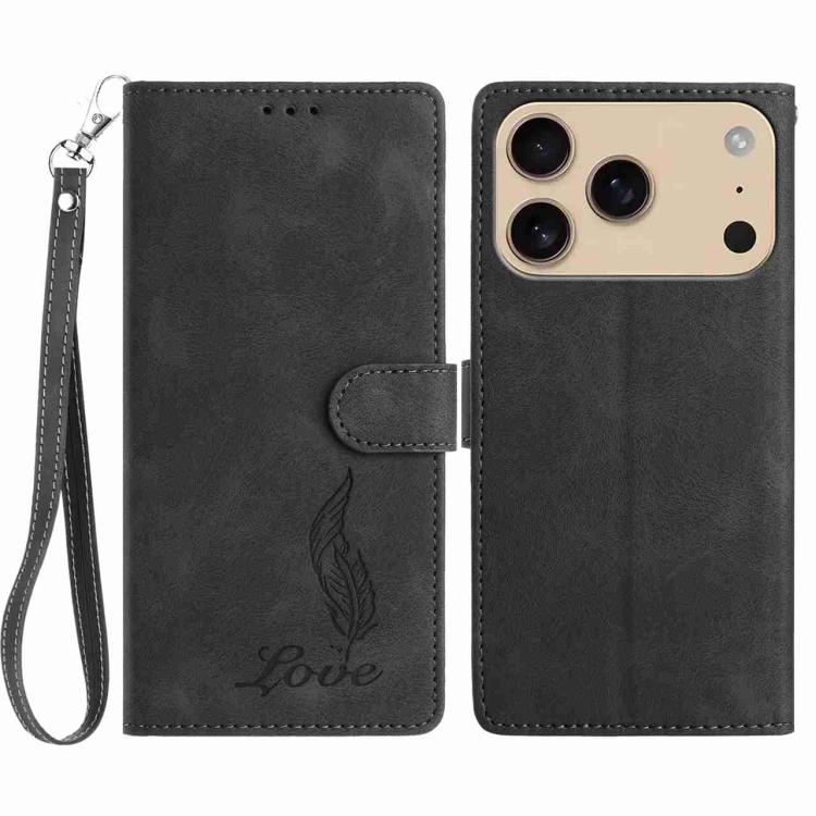 

For iPhone 17 Pro Skin Feel Embossed Feather Leather Phone Case(Black)