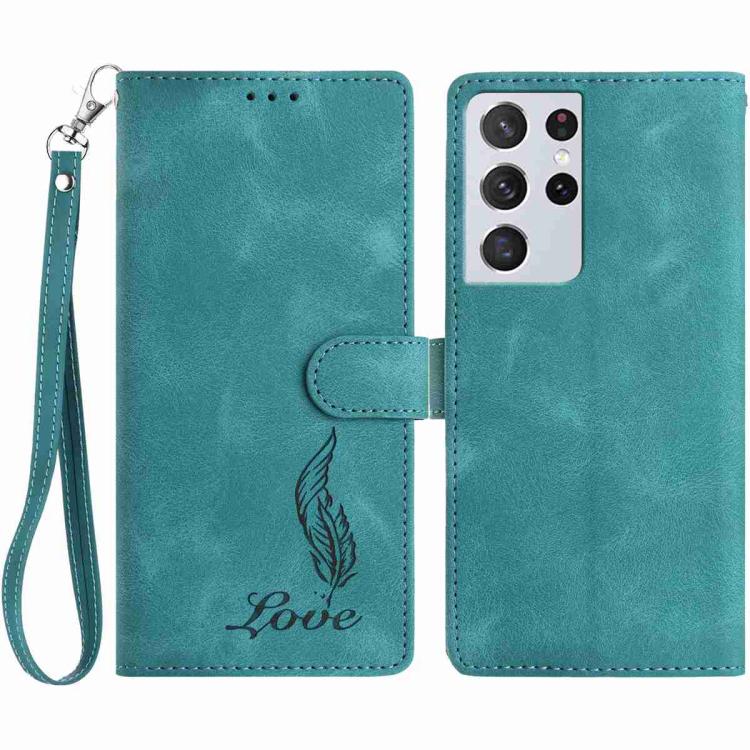 

For Samsung Galaxy S21 Ultra 5G Skin Feel Embossed Feather Leather Phone Case(Green)