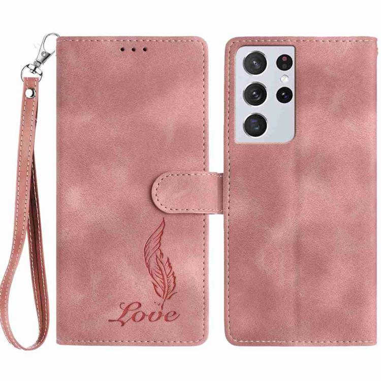 

For Samsung Galaxy S21 Ultra 5G Skin Feel Embossed Feather Leather Phone Case(Pink)