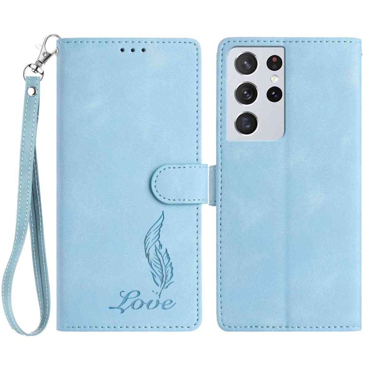 

For Samsung Galaxy S21 Ultra 5G Skin Feel Embossed Feather Leather Phone Case(Light Blue)