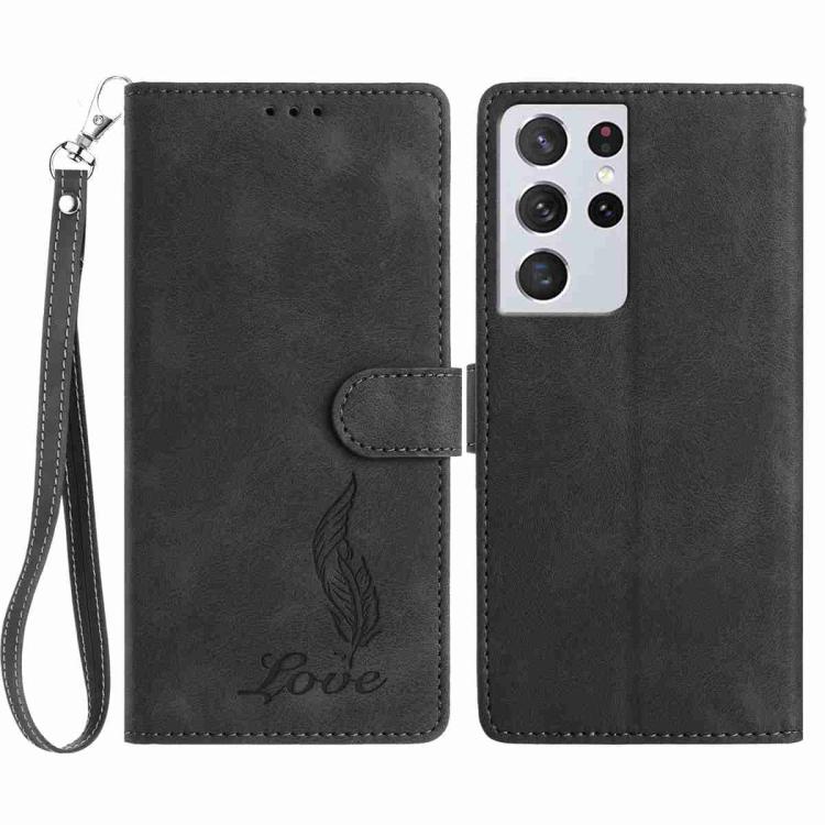 

For Samsung Galaxy S21 Ultra 5G Skin Feel Embossed Feather Leather Phone Case(Black)