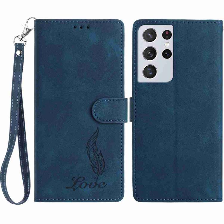 

For Samsung Galaxy S21 Ultra 5G Skin Feel Embossed Feather Leather Phone Case(Dark Blue)