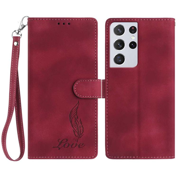 

For Samsung Galaxy S21 Ultra 5G Skin Feel Embossed Feather Leather Phone Case(Red)