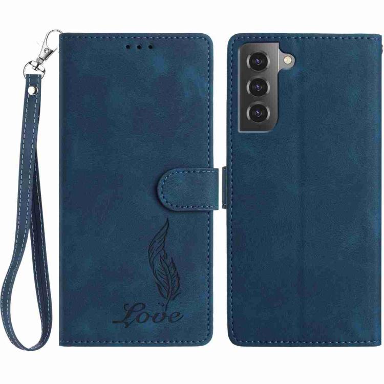 

For Samsung Galaxy S22 5G Skin Feel Embossed Feather Leather Phone Case(Dark Blue)