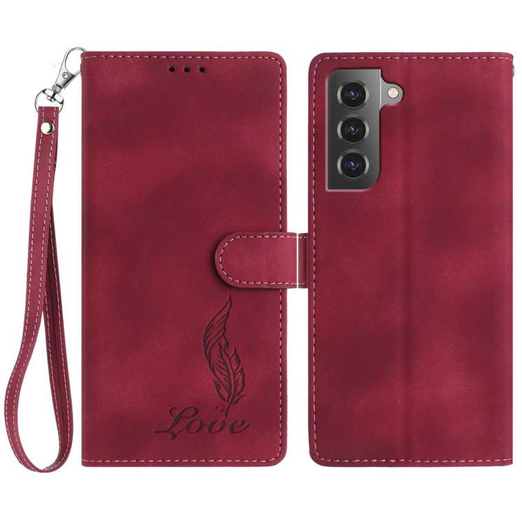 

For Samsung Galaxy S22 5G Skin Feel Embossed Feather Leather Phone Case(Red)
