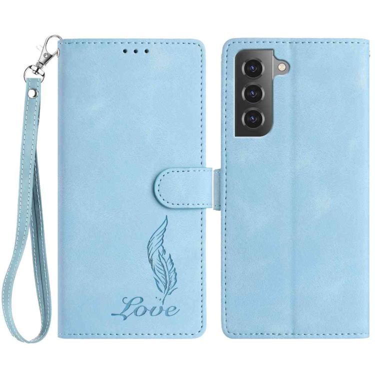 

For Samsung Galaxy S22+ 5G Skin Feel Embossed Feather Leather Phone Case(Light Blue)