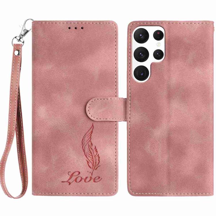 

For Samsung Galaxy S22 Ultra 5G Skin Feel Embossed Feather Leather Phone Case(Pink)