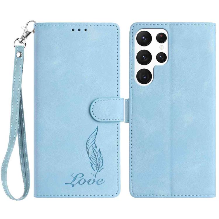 

For Samsung Galaxy S22 Ultra 5G Skin Feel Embossed Feather Leather Phone Case(Light Blue)