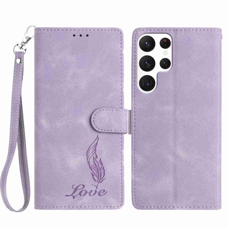 

For Samsung Galaxy S22 Ultra 5G Skin Feel Embossed Feather Leather Phone Case(Purple)