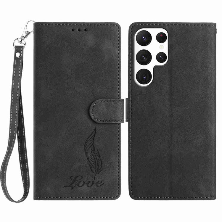 

For Samsung Galaxy S22 Ultra 5G Skin Feel Embossed Feather Leather Phone Case(Black)