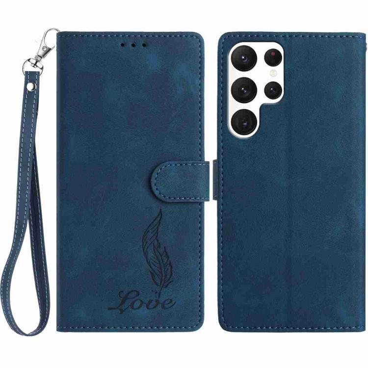 

For Samsung Galaxy S22 Ultra 5G Skin Feel Embossed Feather Leather Phone Case(Dark Blue)