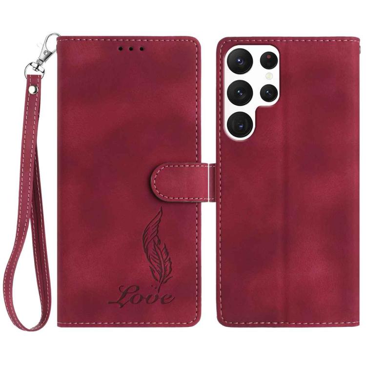 

For Samsung Galaxy S22 Ultra 5G Skin Feel Embossed Feather Leather Phone Case(Red)