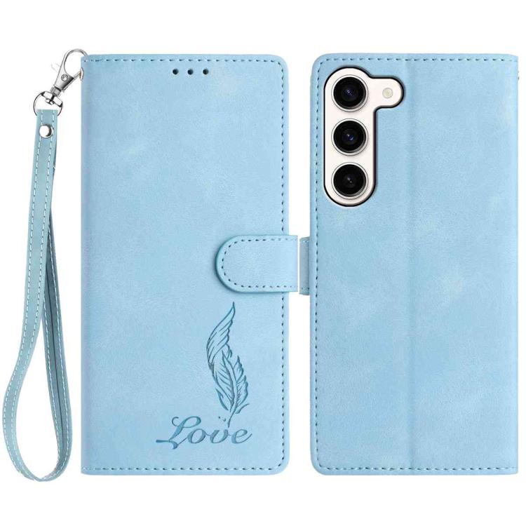 

For Samsung Galaxy S23 5G Skin Feel Embossed Feather Leather Phone Case(Light Blue)