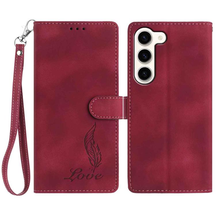

For Samsung Galaxy S23 5G Skin Feel Embossed Feather Leather Phone Case(Red)