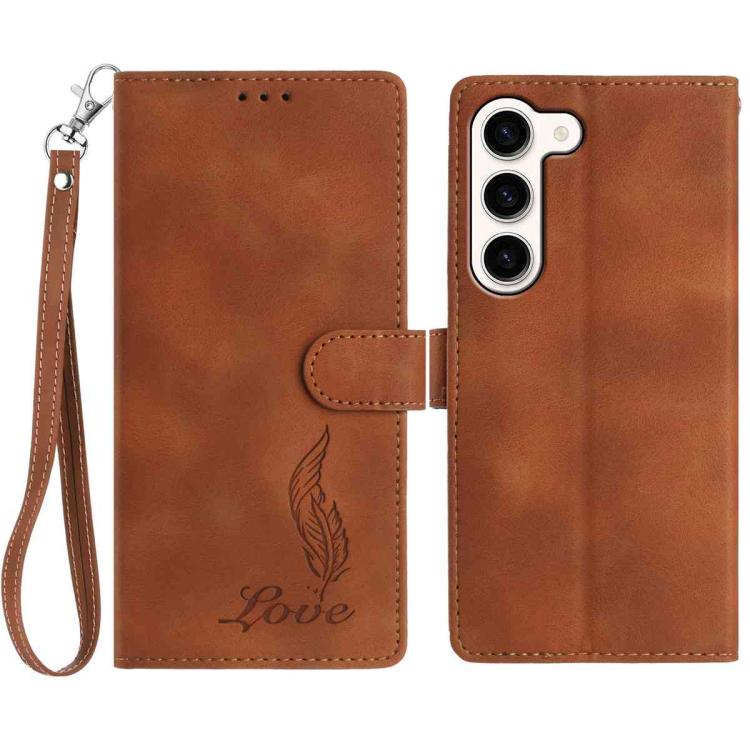 

For Samsung Galaxy S23+ 5G Skin Feel Embossed Feather Leather Phone Case(Brown)