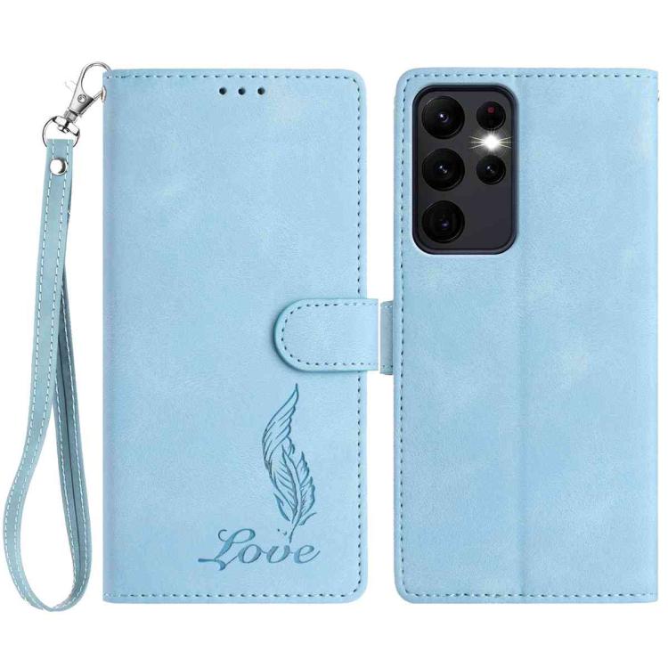 

For Samsung Galaxy S23 Ultra 5G Skin Feel Embossed Feather Leather Phone Case(Light Blue)