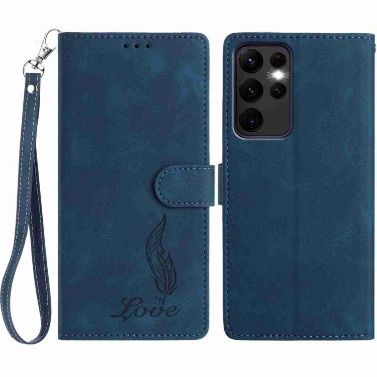 

For Samsung Galaxy S23 Ultra 5G Skin Feel Embossed Feather Leather Phone Case(Dark Blue)