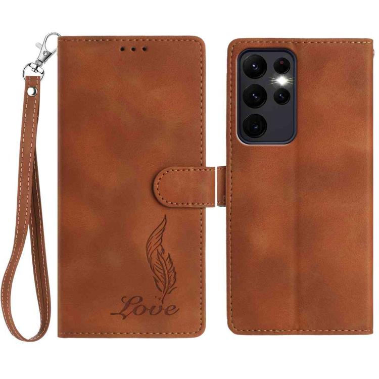 

For Samsung Galaxy S23 Ultra 5G Skin Feel Embossed Feather Leather Phone Case(Brown)