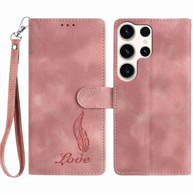 

For Samsung Galaxy S24 Ultra 5G Skin Feel Embossed Feather Leather Phone Case(Pink)