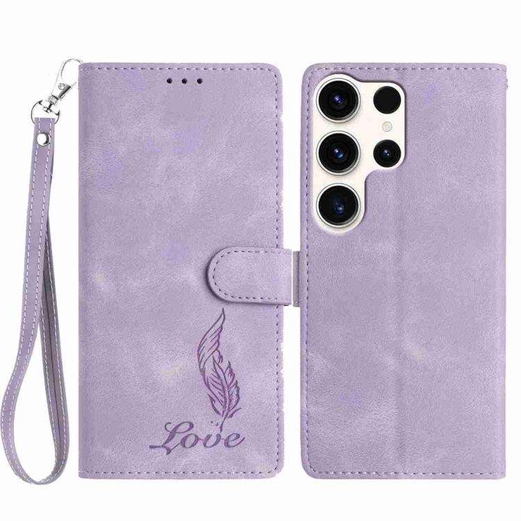 

For Samsung Galaxy S24 Ultra 5G Skin Feel Embossed Feather Leather Phone Case(Purple)