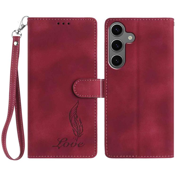

For Samsung Galaxy S25 5G / S24 5G Skin Feel Embossed Feather Leather Phone Case(Red)