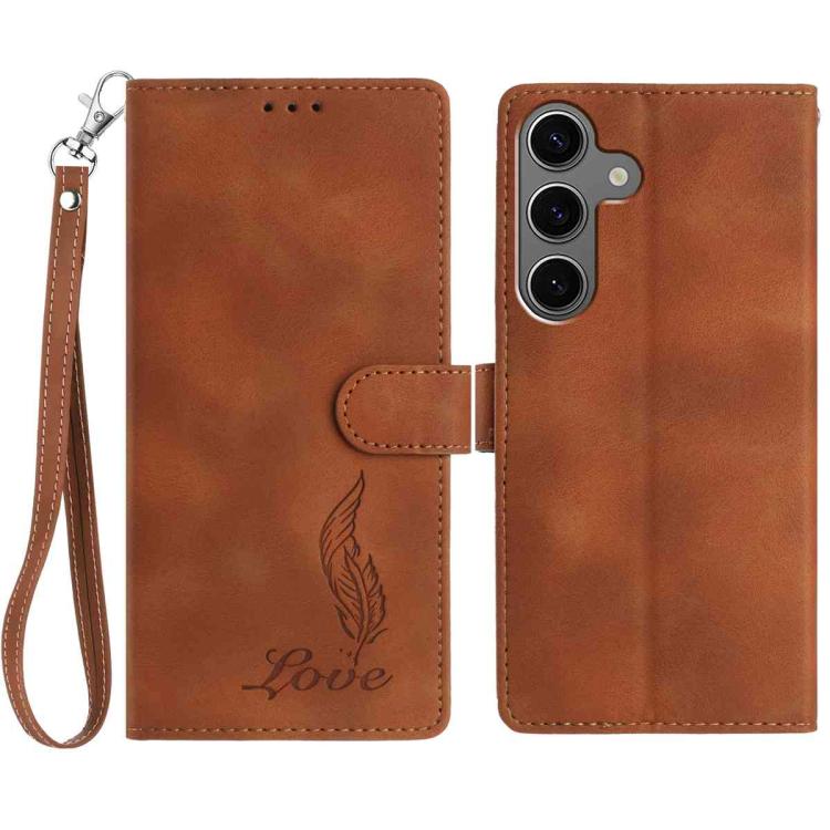 

For Samsung Galaxy S25+ 5G / S24+ 5G Skin Feel Embossed Feather Leather Phone Case(Brown)