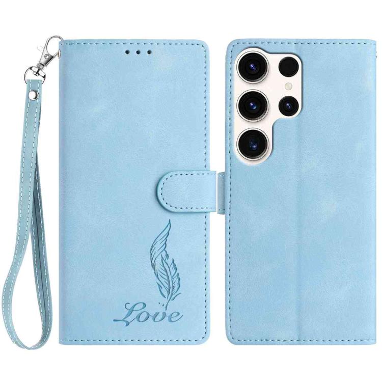 

For Samsung Galaxy S25 Ultra 5G Skin Feel Embossed Feather Leather Phone Case(Light Blue)