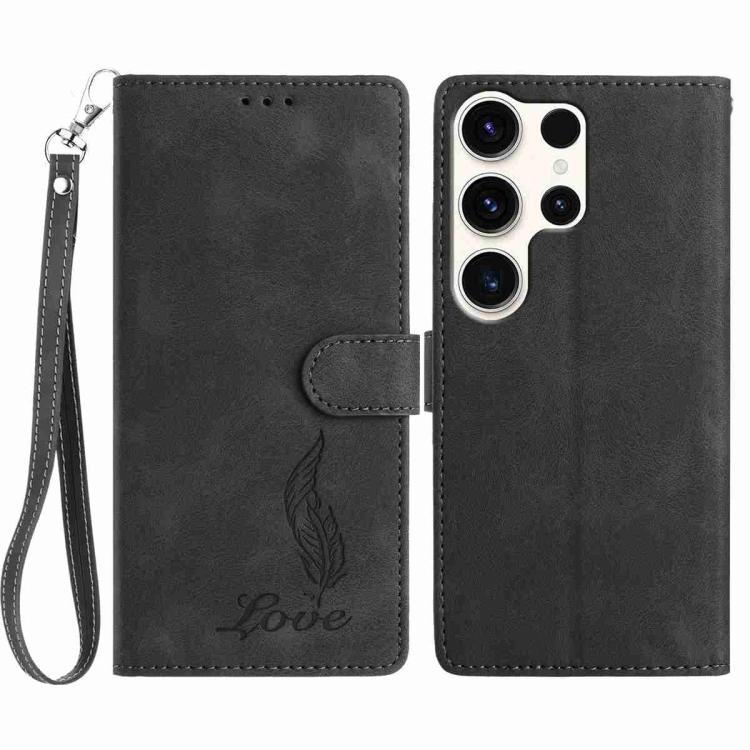 

For Samsung Galaxy S25 Ultra 5G Skin Feel Embossed Feather Leather Phone Case(Black)