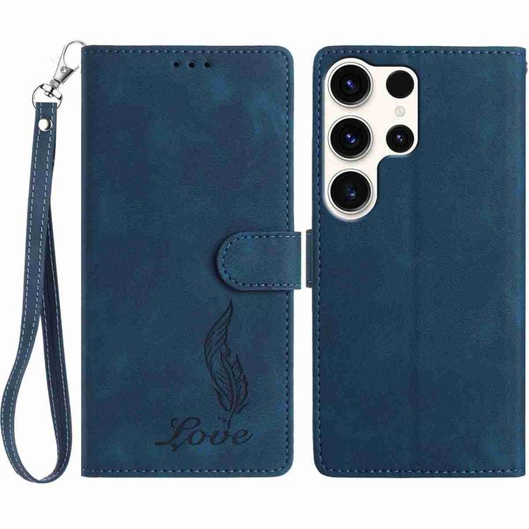 

For Samsung Galaxy S25 Ultra 5G Skin Feel Embossed Feather Leather Phone Case(Dark Blue)