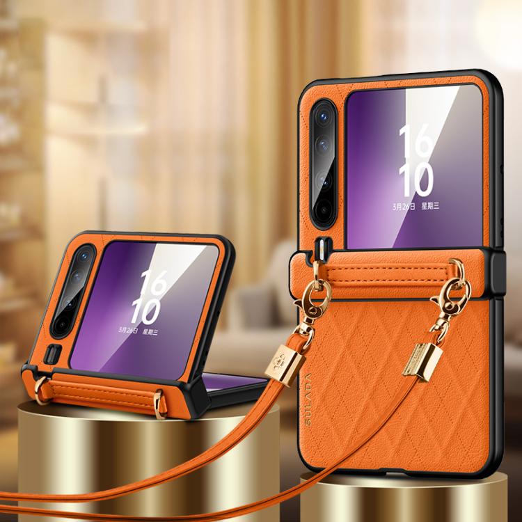 

For Huawei Pura X SULADA Elegant Rhombic Texture Folding Phone Case with Lanyard(Orange)