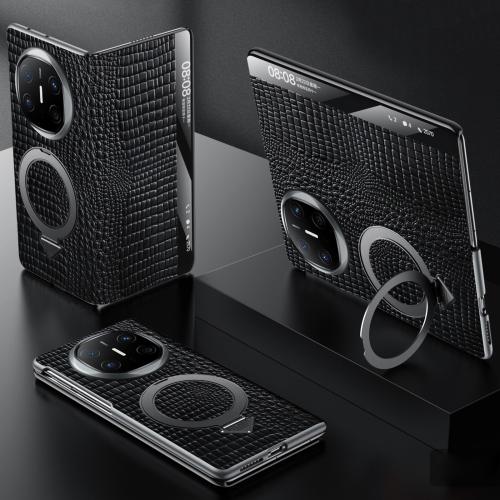 

For Huawei Mate X6 SULADA Crocodile Texture Cowhide MagSafe Holder Smart Window Phone Case(Black)
